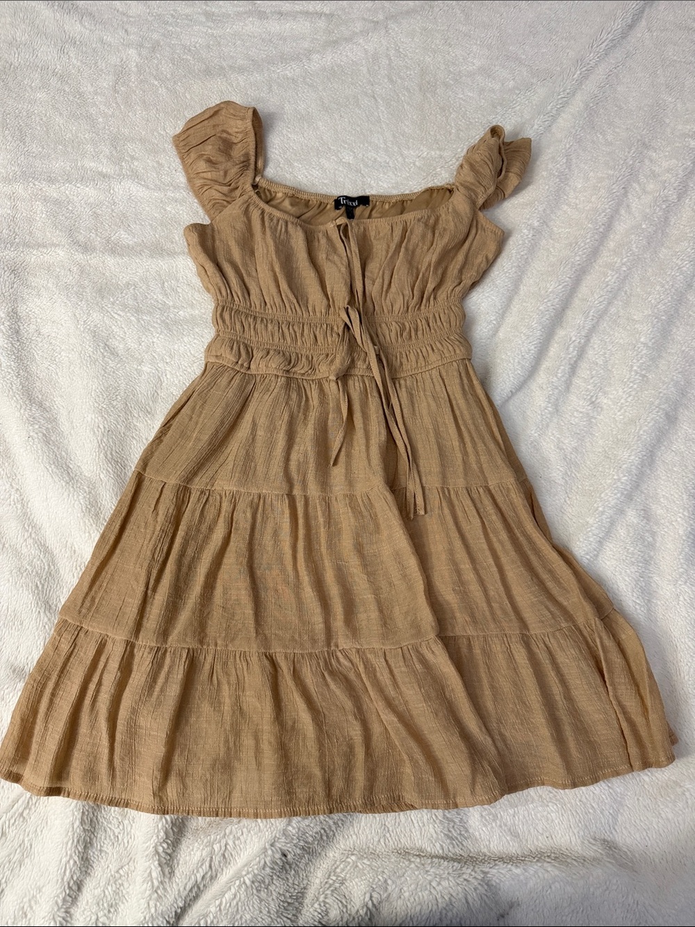 Trixxi Beige Tiered Tie-Front Midi Dress